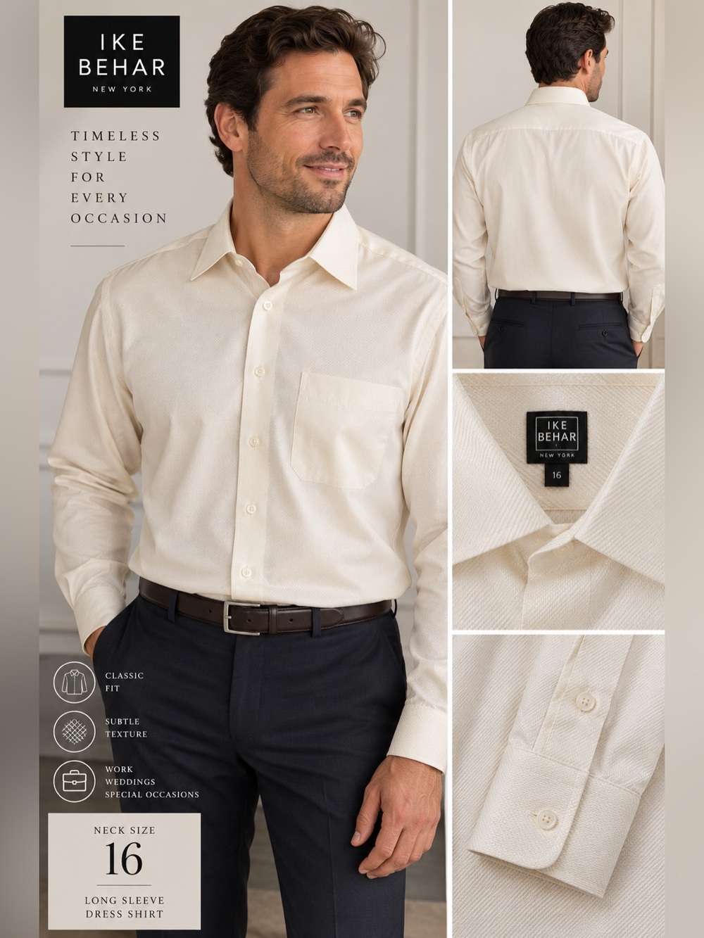 Ike Behar Men's Ivory Dress Shirt 16 Neck Long Sleeve